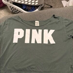 PINK Victoria's Secret Green and White Short Sleeve Tee